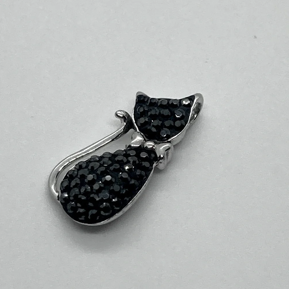 925 Sterling Silver & Black Crystal Kitty Cat Pendant | .9” L x .4” W - Picture 3 of 8